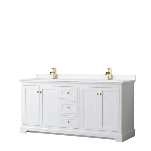 Wyndham Avery 72 Inch Double Bathroom Vanity in White, White Cultured Marble Countertop, Undermount Square Sinks, Brushed Gold Trim- Wyndham