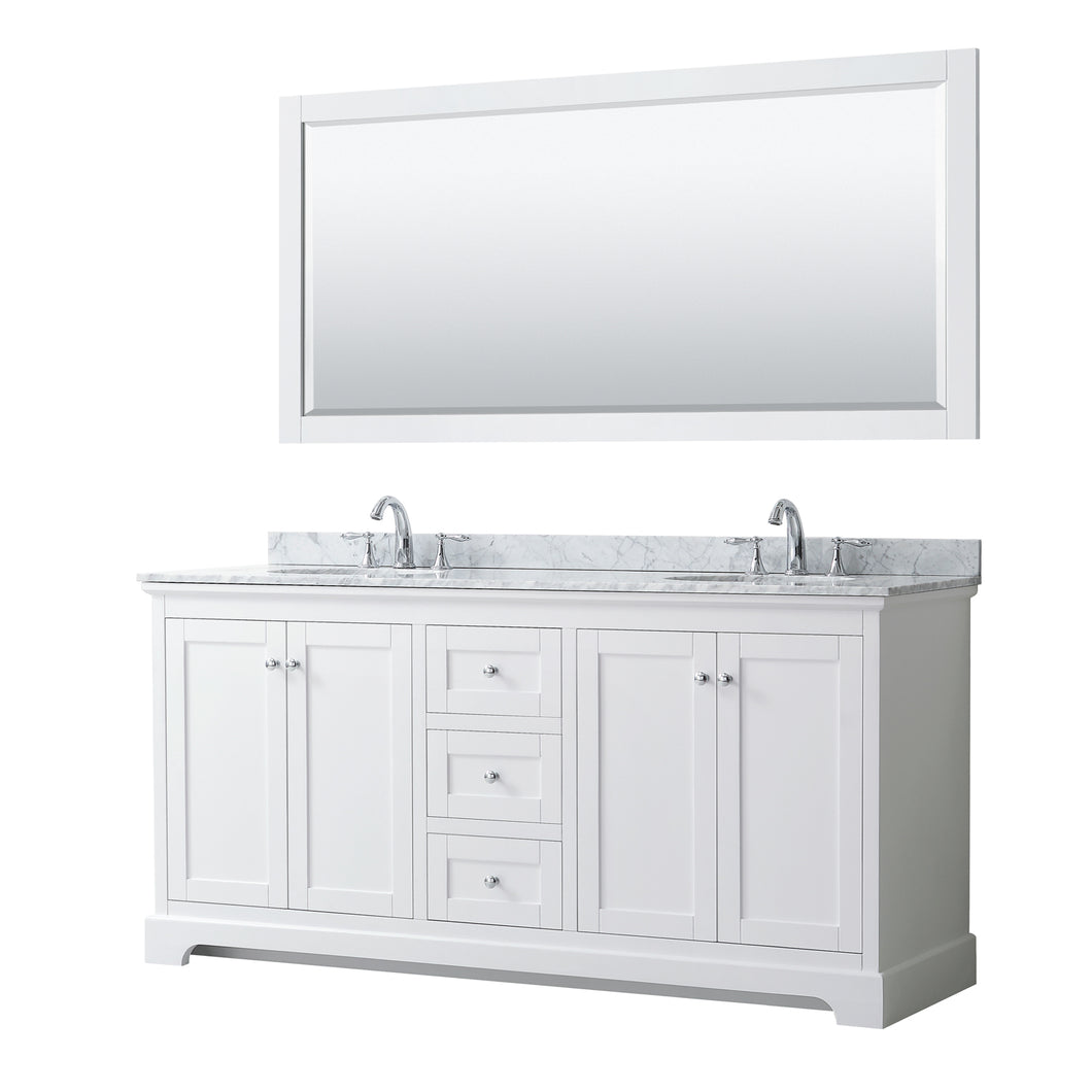 Wyndham Avery 72 Inch Double Bathroom Vanity in White, White Carrara Marble Countertop, Undermount Oval Sinks, and 70 Inch Mirror- Wyndham