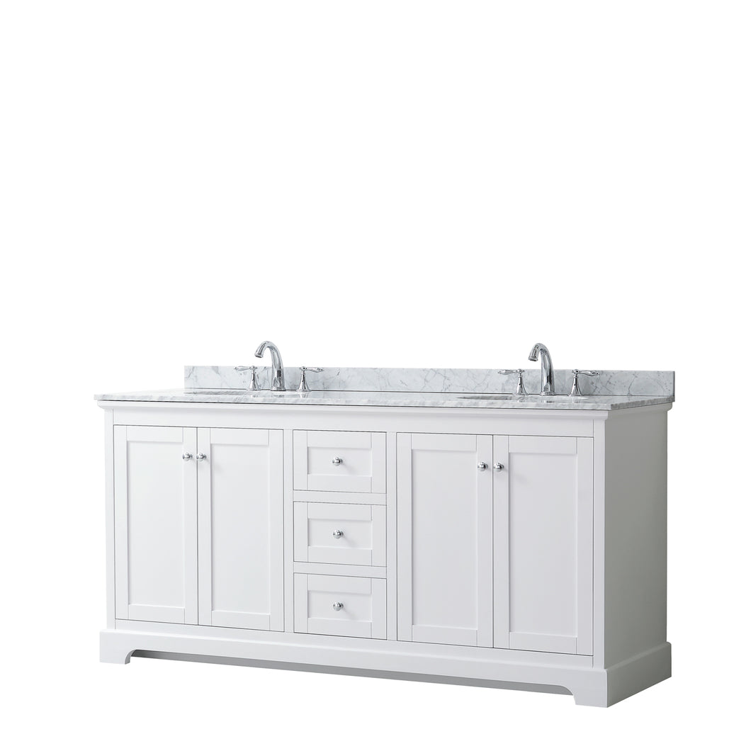Wyndham Avery 72 Inch Double Bathroom Vanity in White, White Carrara Marble Countertop, Undermount Oval Sinks, and No Mirror- Wyndham