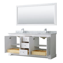 Load image into Gallery viewer, Wyndham Avery 72 Inch Double Bathroom Vanity in White, White Carrara Marble Countertop, Undermount Square Sinks, and 70 Inch Mirror- Wyndham