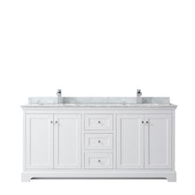 Load image into Gallery viewer, Wyndham Avery 72 Inch Double Bathroom Vanity in White, White Carrara Marble Countertop, Undermount Square Sinks, and No Mirror- Wyndham