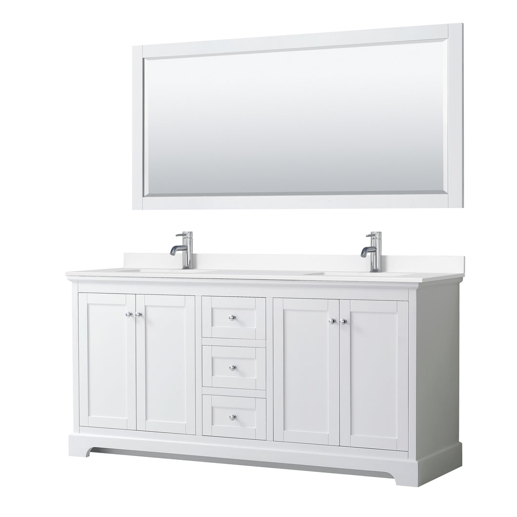Wyndham Avery 72 Inch Double Bathroom Vanity in White, White Cultured Marble Countertop, Undermount Square Sinks, 70 Inch Mirror- Wyndham