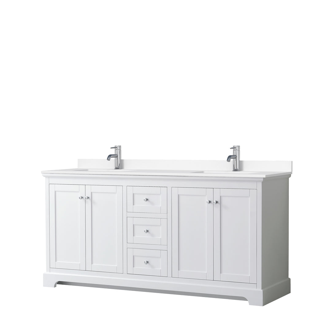 Wyndham Avery 72 Inch Double Bathroom Vanity in White, White Cultured Marble Countertop, Undermount Square Sinks, No Mirror- Wyndham