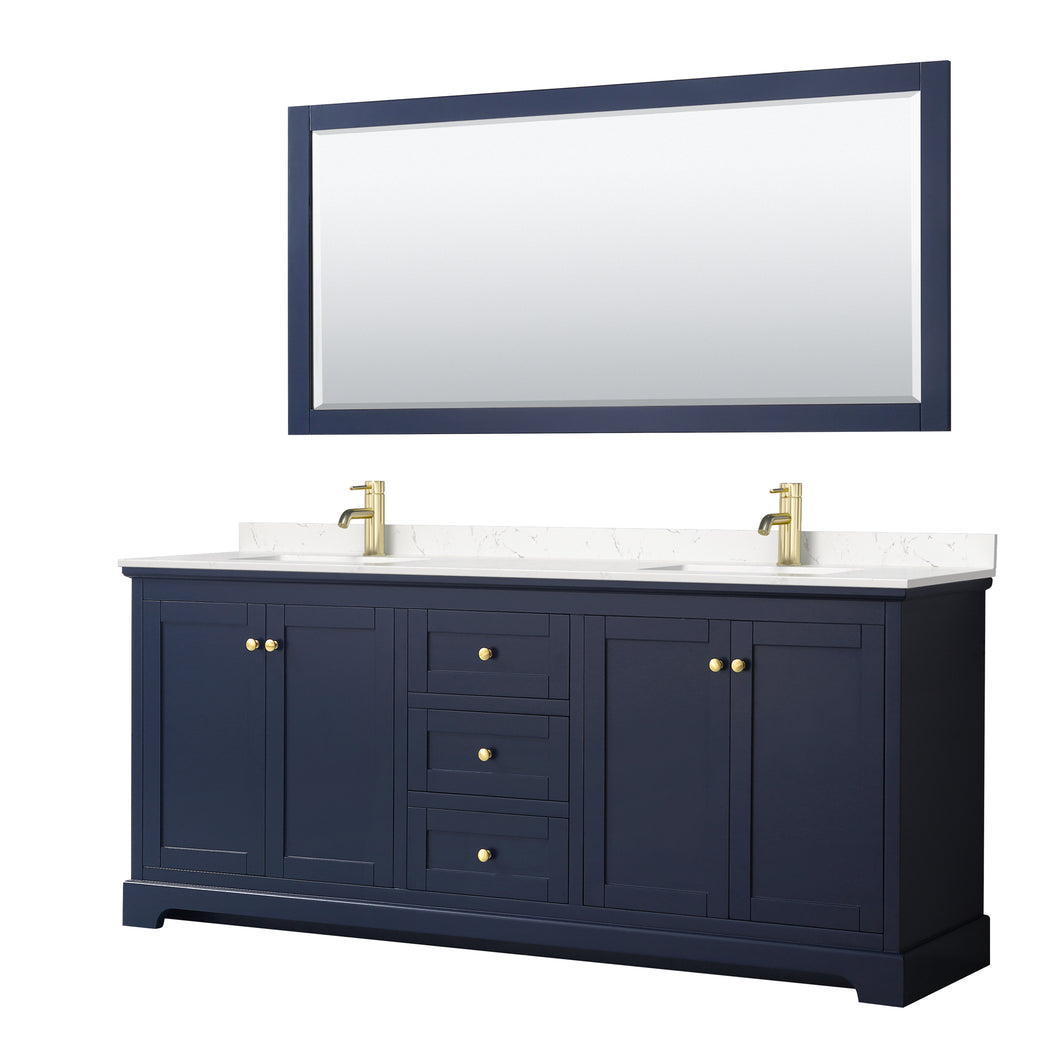 Wyndham Avery 80 Inch Double Bathroom Vanity in Dark Blue, Light-Vein Carrara Cultured Marble Countertop, Undermount Square Sinks, 70 Inch Mirror- Wyndham