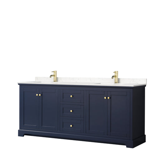 Wyndham Avery 80 Inch Double Bathroom Vanity in Dark Blue, Light-Vein Carrara Cultured Marble Countertop, Undermount Square Sinks, No Mirror- Wyndham