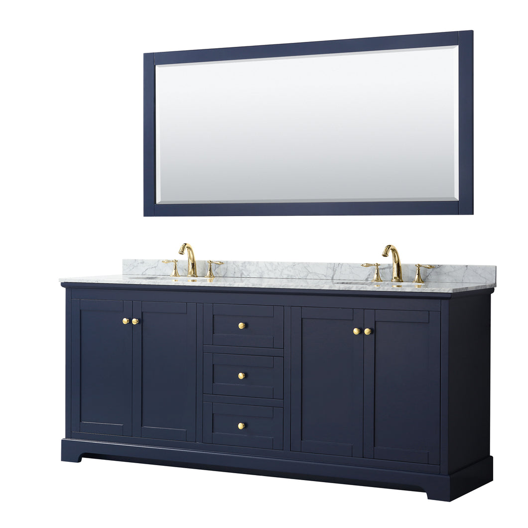 Wyndham Avery 80 Inch Double Bathroom Vanity in Dark Blue, White Carrara Marble Countertop, Undermount Oval Sinks, and 70 Inch Mirror- Wyndham