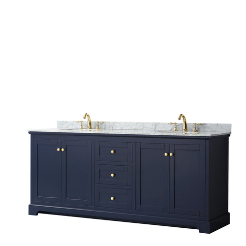 Wyndham Avery 80 Inch Double Bathroom Vanity in Dark Blue, White Carrara Marble Countertop, Undermount Oval Sinks, and No Mirror- Wyndham