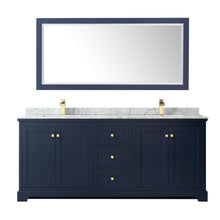 Load image into Gallery viewer, Wyndham Avery 80 Inch Double Bathroom Vanity in Dark Blue, White Carrara Marble Countertop, Undermount Square Sinks, and 70 Inch Mirror- Wyndham