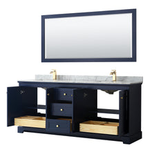 Load image into Gallery viewer, Wyndham Avery 80 Inch Double Bathroom Vanity in Dark Blue, White Carrara Marble Countertop, Undermount Square Sinks, and 70 Inch Mirror- Wyndham