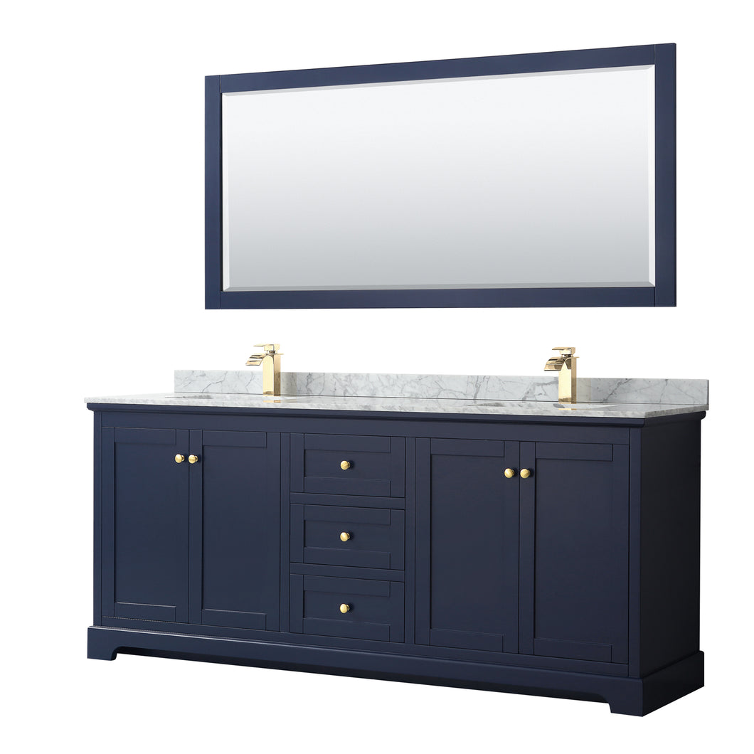 Wyndham Avery 80 Inch Double Bathroom Vanity in Dark Blue, White Carrara Marble Countertop, Undermount Square Sinks, and 70 Inch Mirror- Wyndham