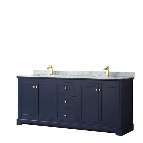 Wyndham Avery 80 Inch Double Bathroom Vanity in Dark Blue, White Carrara Marble Countertop, Undermount Square Sinks, and No Mirror- Wyndham