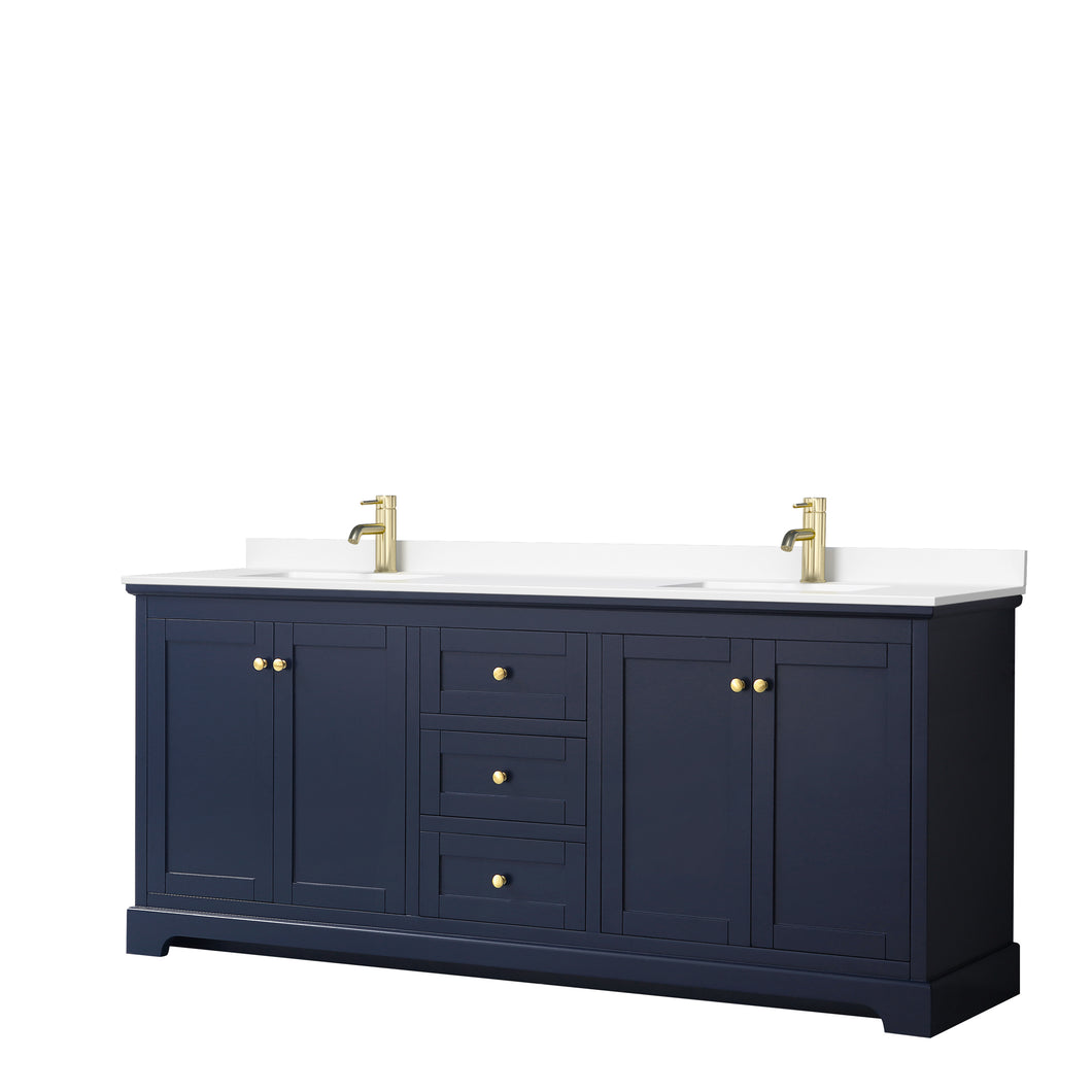 Wyndham Avery 80 Inch Double Bathroom Vanity in Dark Blue, White Cultured Marble Countertop, Undermount Square Sinks, No Mirror- Wyndham