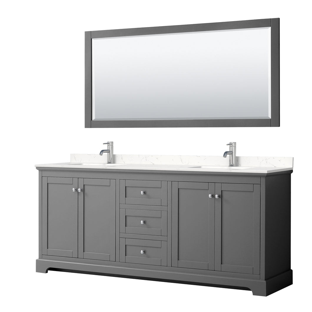 Wyndham Avery 80 Inch Double Bathroom Vanity in Dark Gray, Light-Vein Carrara Cultured Marble Countertop, Undermount Square Sinks, 70 Inch Mirror- Wyndham