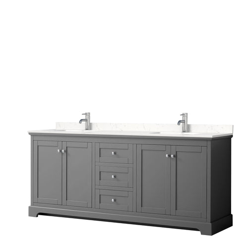 Wyndham Avery 80 Inch Double Bathroom Vanity in Dark Gray, Light-Vein Carrara Cultured Marble Countertop, Undermount Square Sinks, No Mirror- Wyndham