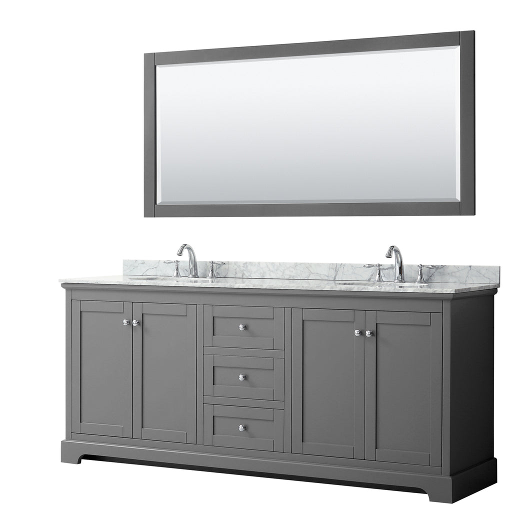 Wyndham Avery 80 Inch Double Bathroom Vanity in Dark Gray, White Carrara Marble Countertop, Undermount Oval Sinks, and 70 Inch Mirror- Wyndham