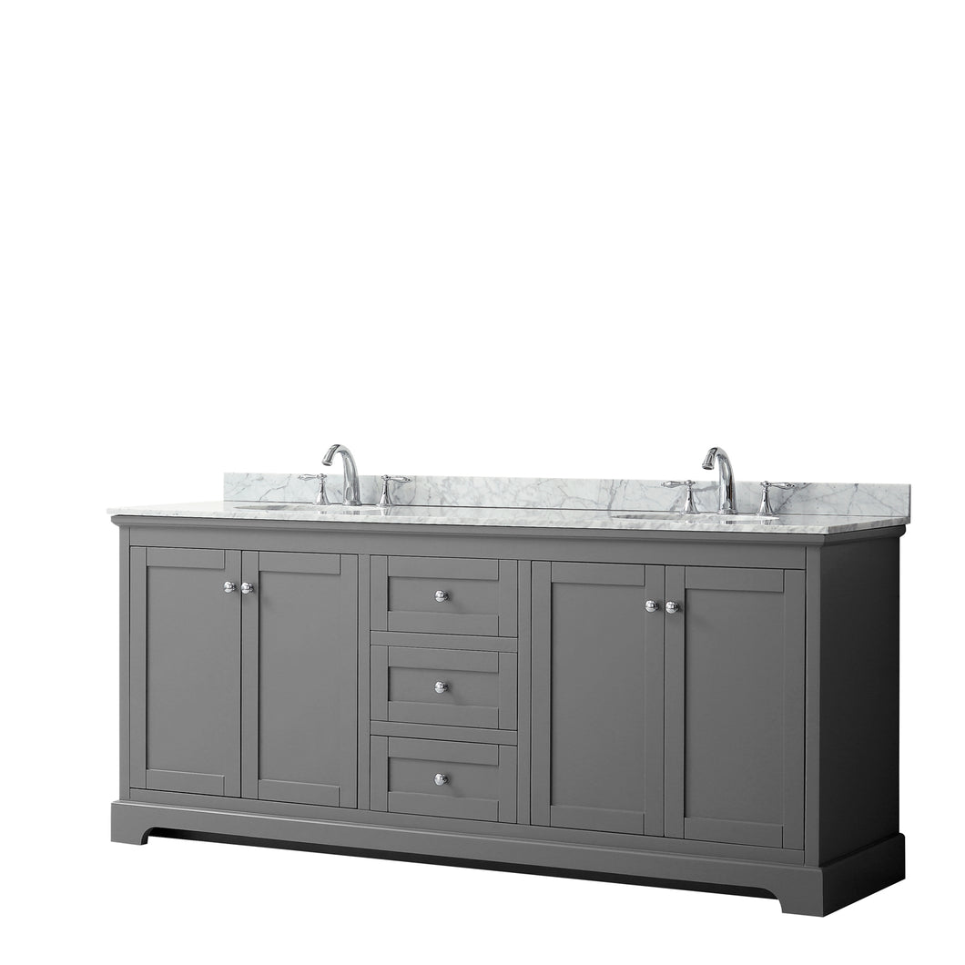 Wyndham Avery 80 Inch Double Bathroom Vanity in Dark Gray, White Carrara Marble Countertop, Undermount Oval Sinks, and No Mirror- Wyndham