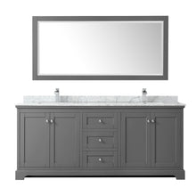 Load image into Gallery viewer, Wyndham Avery 80 Inch Double Bathroom Vanity in Dark Gray, White Carrara Marble Countertop, Undermount Square Sinks, and 70 Inch Mirror- Wyndham