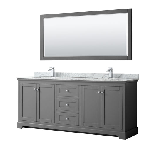 Wyndham Avery 80 Inch Double Bathroom Vanity in Dark Gray, White Carrara Marble Countertop, Undermount Square Sinks, and 70 Inch Mirror- Wyndham