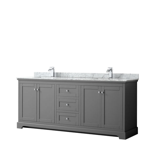 Wyndham Avery 80 Inch Double Bathroom Vanity in Dark Gray, White Carrara Marble Countertop, Undermount Square Sinks, and No Mirror- Wyndham