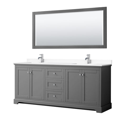 Wyndham Avery 80 Inch Double Bathroom Vanity in Dark Gray, White Cultured Marble Countertop, Undermount Square Sinks, 70 Inch Mirror- Wyndham