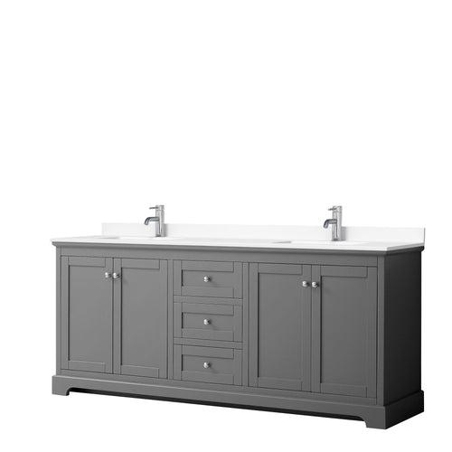 Wyndham Avery 80 Inch Double Bathroom Vanity in Dark Gray, White Cultured Marble Countertop, Undermount Square Sinks, No Mirror- Wyndham