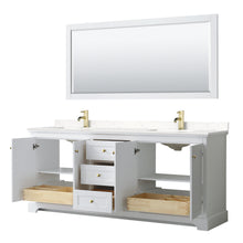Load image into Gallery viewer, Wyndham Avery 80 Inch Double Bathroom Vanity in White, Light-Vein Carrara Cultured Marble Countertop, Undermount Square Sinks, 70 Inch Mirror, Brushed Gold Trim- Wyndham