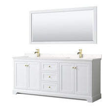 Load image into Gallery viewer, Wyndham Avery 80 Inch Double Bathroom Vanity in White, Light-Vein Carrara Cultured Marble Countertop, Undermount Square Sinks, 70 Inch Mirror, Brushed Gold Trim- Wyndham