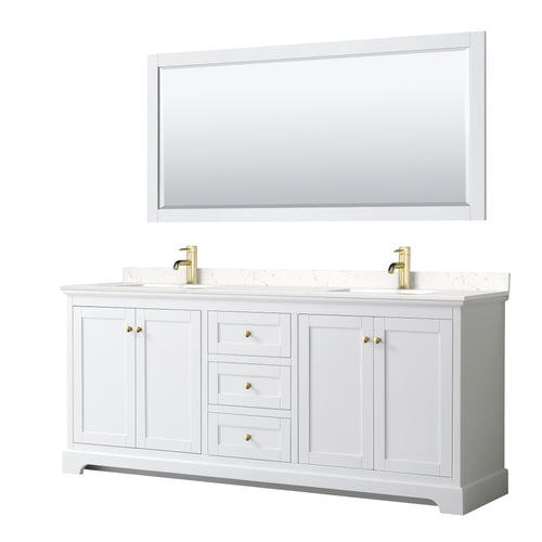 Wyndham Avery 80 Inch Double Bathroom Vanity in White, Light-Vein Carrara Cultured Marble Countertop, Undermount Square Sinks, 70 Inch Mirror, Brushed Gold Trim- Wyndham