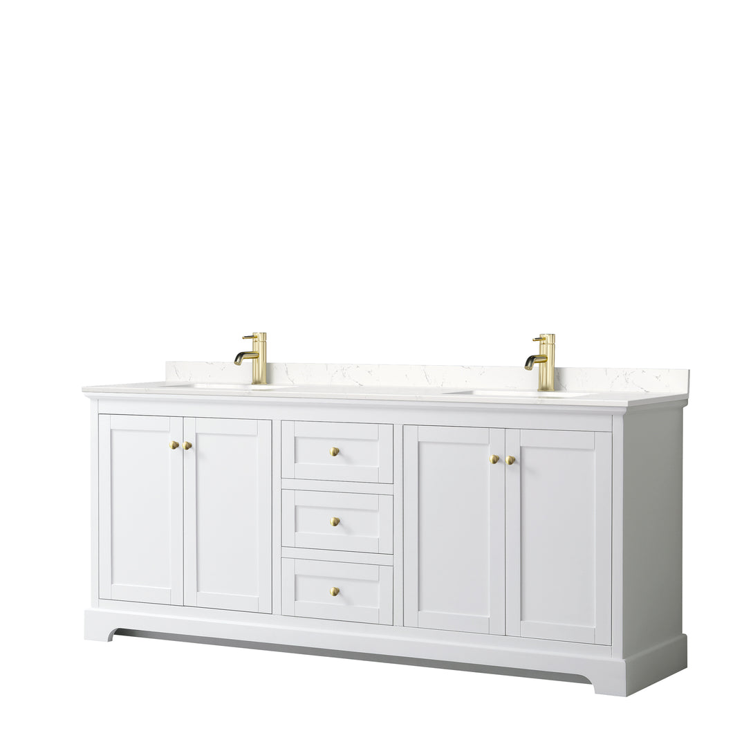 Wyndham Avery 80 Inch Double Bathroom Vanity in White, Light-Vein Carrara Cultured Marble Countertop, Undermount Square Sinks, Brushed Gold Trim- Wyndham