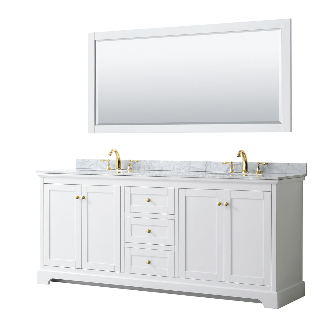 Wyndham Avery 80 Inch Double Bathroom Vanity in White, White Carrara Marble Countertop, Undermount Oval Sinks, 70 Inch Mirror, Brushed Gold Trim- Wyndham