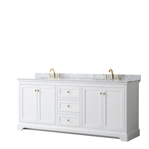 Wyndham Avery 80 Inch Double Bathroom Vanity in White, White Carrara Marble Countertop, Undermount Oval Sinks, Brushed Gold Trim- Wyndham