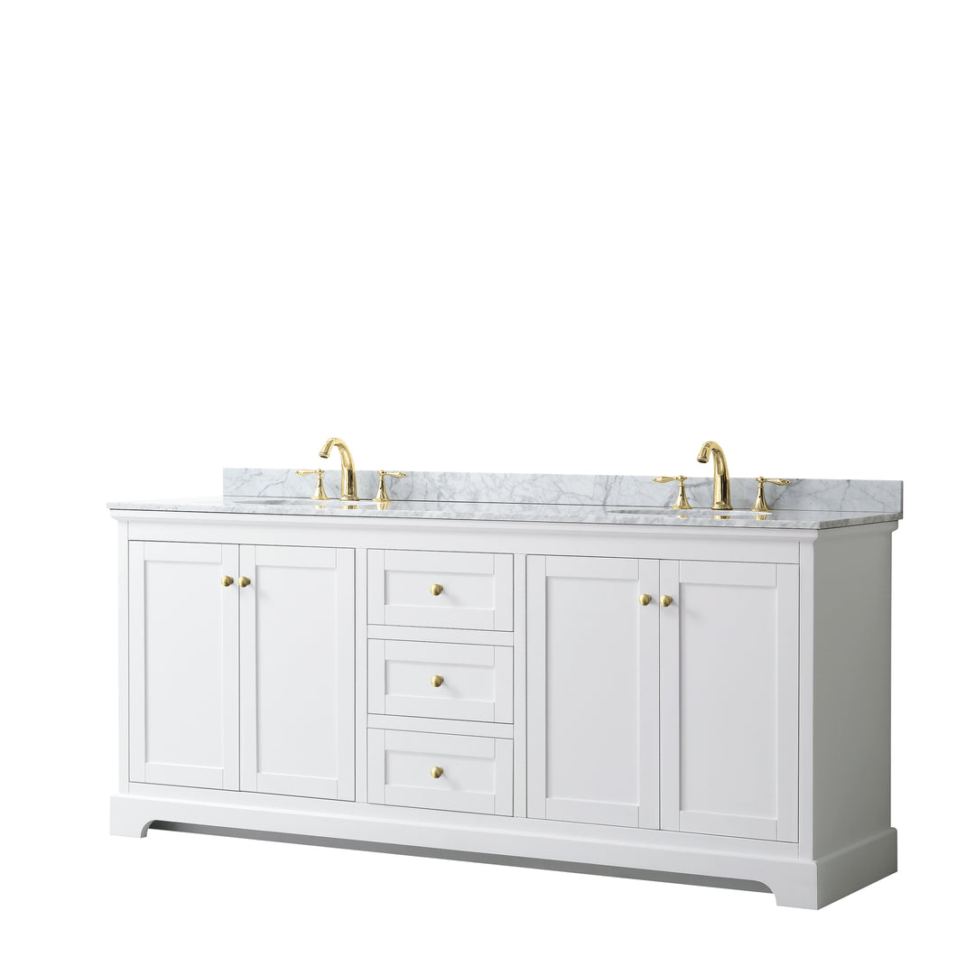 Wyndham Avery 80 Inch Double Bathroom Vanity in White, White Carrara Marble Countertop, Undermount Oval Sinks, Brushed Gold Trim- Wyndham