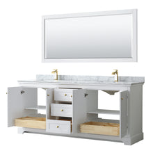 Load image into Gallery viewer, Wyndham Avery 80 Inch Double Bathroom Vanity in White, White Carrara Marble Countertop, Undermount Square Sinks, 70 Inch Mirror, Brushed Gold Trim- Wyndham