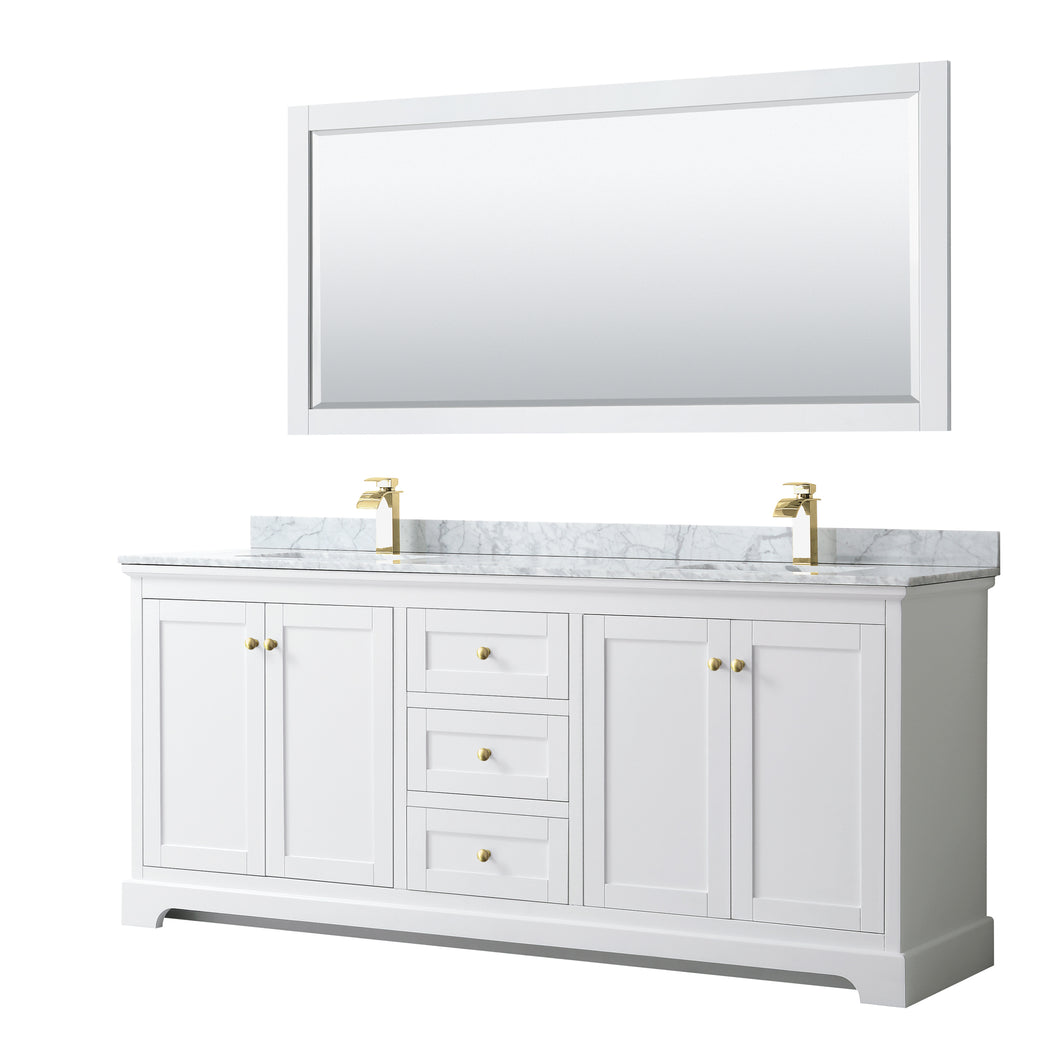 Wyndham Avery 80 Inch Double Bathroom Vanity in White, White Carrara Marble Countertop, Undermount Square Sinks, 70 Inch Mirror, Brushed Gold Trim- Wyndham