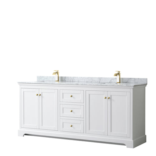 Wyndham Avery 80 Inch Double Bathroom Vanity in White, White Carrara Marble Countertop, Undermount Square Sinks, Brushed Gold Trim- Wyndham