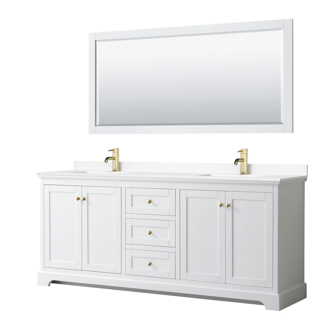 Wyndham Avery 80 Inch Double Bathroom Vanity in White, White Cultured Marble Countertop, Undermount Square Sinks, 70 Inch Mirror, Brushed Gold Trim- Wyndham