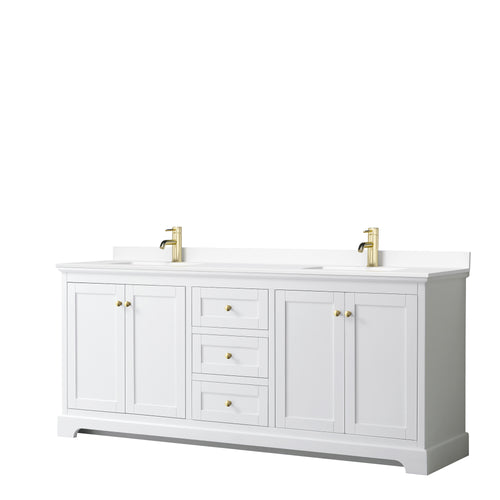Wyndham Avery 80 Inch Double Bathroom Vanity in White, White Cultured Marble Countertop, Undermount Square Sinks, Brushed Gold Trim- Wyndham