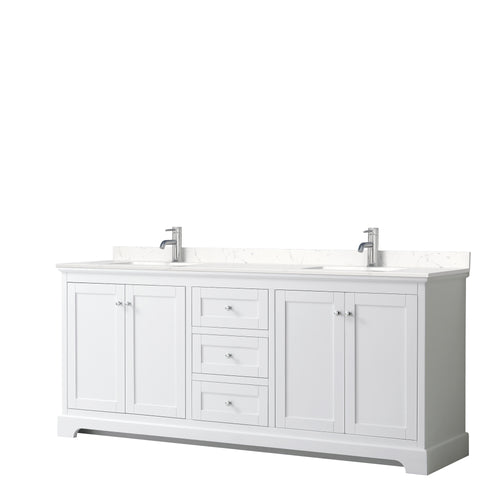 Wyndham Avery 80 Inch Double Bathroom Vanity in White, Light-Vein Carrara Cultured Marble Countertop, Undermount Square Sinks, No Mirror- Wyndham