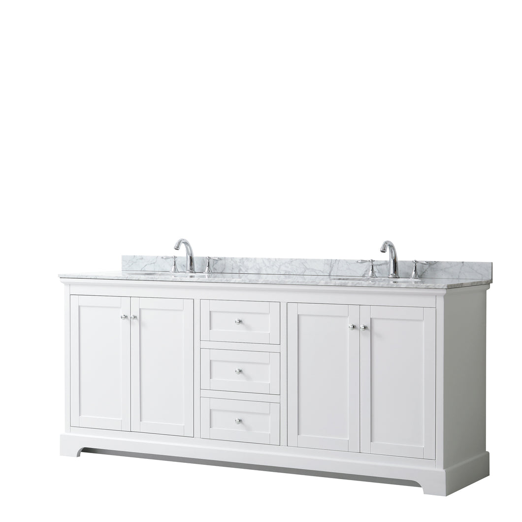 Wyndham Avery 80 Inch Double Bathroom Vanity in White, White Carrara Marble Countertop, Undermount Oval Sinks, and No Mirror- Wyndham