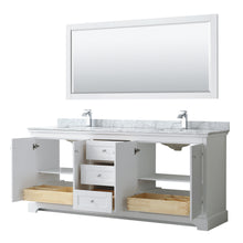 Load image into Gallery viewer, Wyndham Avery 80 Inch Double Bathroom Vanity in White, White Carrara Marble Countertop, Undermount Square Sinks, and 70 Inch Mirror- Wyndham