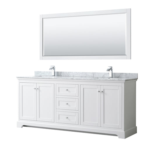 Wyndham Avery 80 Inch Double Bathroom Vanity in White, White Carrara Marble Countertop, Undermount Square Sinks, and 70 Inch Mirror- Wyndham