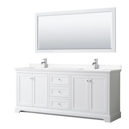 Wyndham Avery 80 Inch Double Bathroom Vanity in White, White Cultured Marble Countertop, Undermount Square Sinks, 70 Inch Mirror- Wyndham