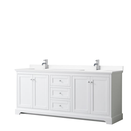 Wyndham Avery 80 Inch Double Bathroom Vanity in White, White Cultured Marble Countertop, Undermount Square Sinks, No Mirror- Wyndham