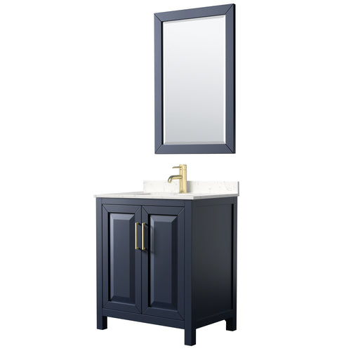 Wyndham Daria 30 Inch Single Bathroom Vanity in Dark Blue, Light-Vein Carrara Cultured Marble Countertop, Undermount Square Sink, 24 Inch Mirror- Wyndham