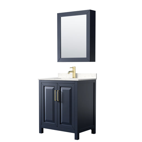 Wyndham Daria 30 Inch Single Bathroom Vanity in Dark Blue, Light-Vein Carrara Cultured Marble Countertop, Undermount Square Sink, Medicine Cabinet- Wyndham