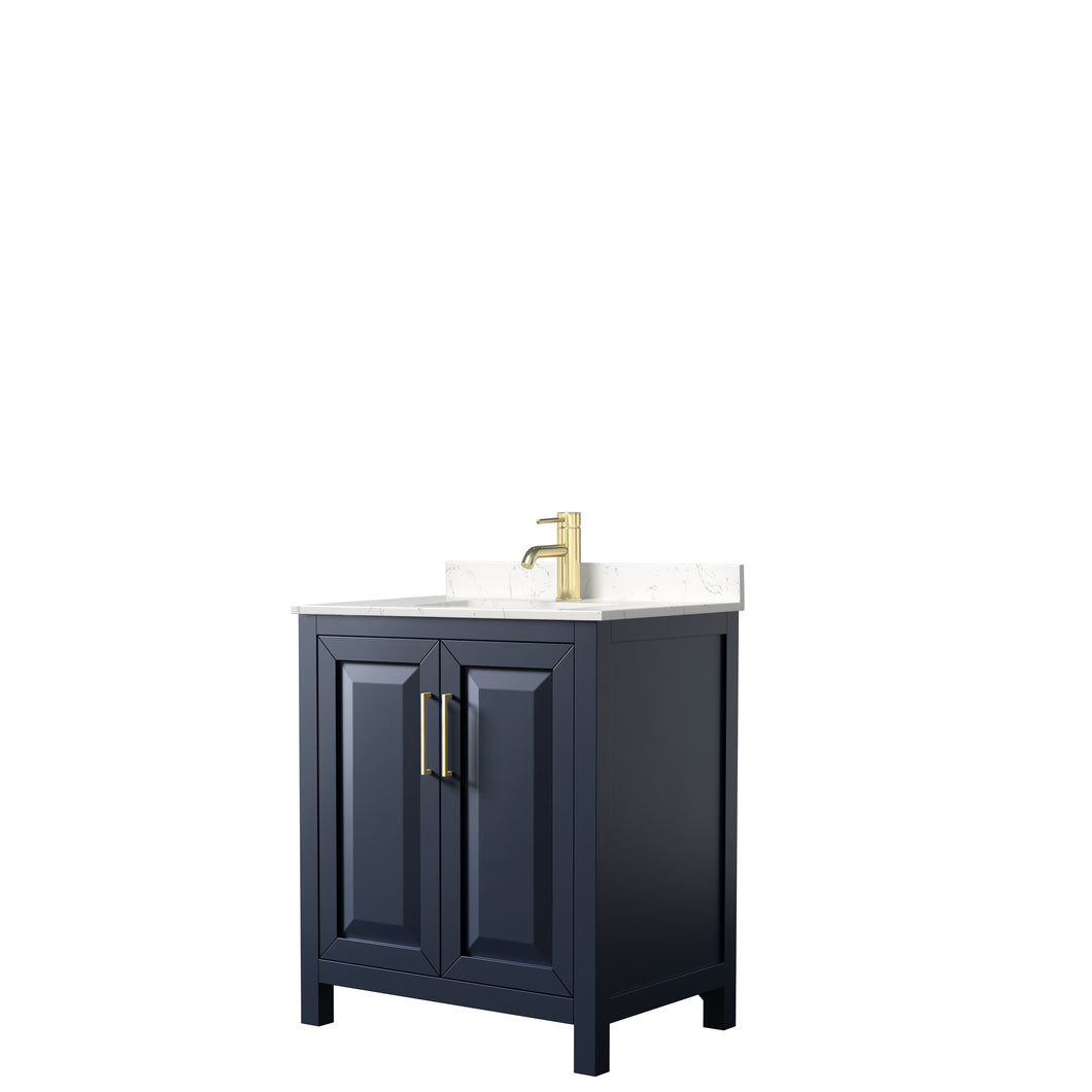 Wyndham Daria 30 Inch Single Bathroom Vanity in Dark Blue, Light-Vein Carrara Cultured Marble Countertop, Undermount Square Sink, No Mirror- Wyndham
