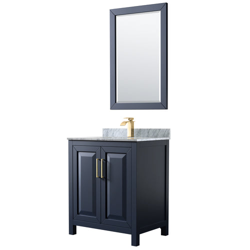 Wyndham Daria 30 Inch Single Bathroom Vanity in Dark Blue, White Carrara Marble Countertop, Undermount Square Sink, 24 Inch Mirror- Wyndham