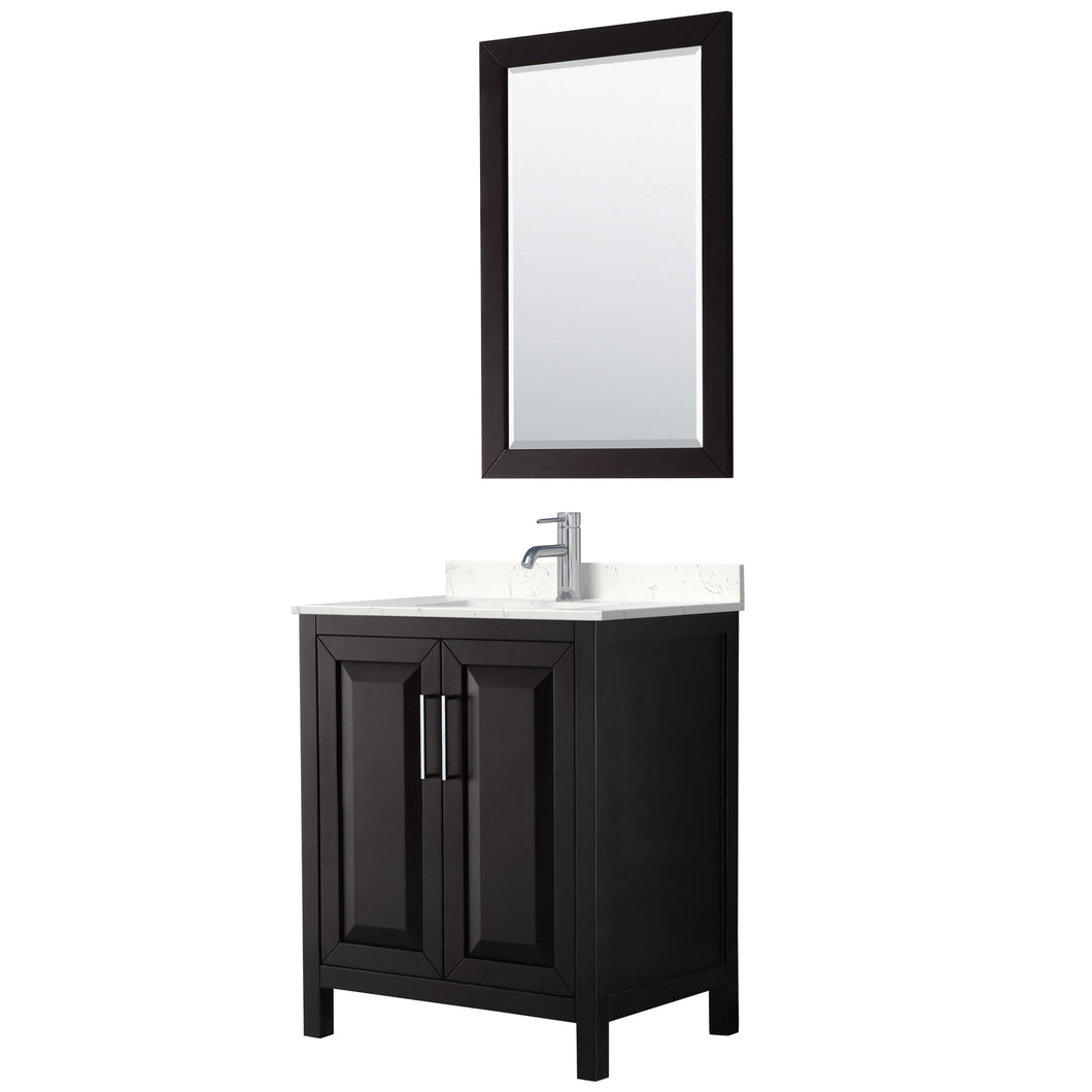 Wyndham Daria 30 Inch Single Bathroom Vanity in Dark Espresso, Light-Vein Carrara Cultured Marble Countertop, Undermount Square Sink, 24 Inch Mirror- Wyndham