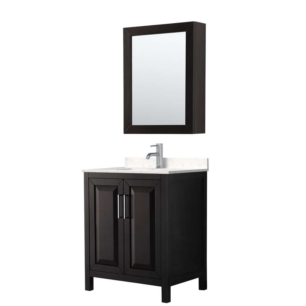 Wyndham Daria 30 Inch Single Bathroom Vanity in Dark Espresso, Light-Vein Carrara Cultured Marble Countertop, Undermount Square Sink, Medicine Cabinet- Wyndham