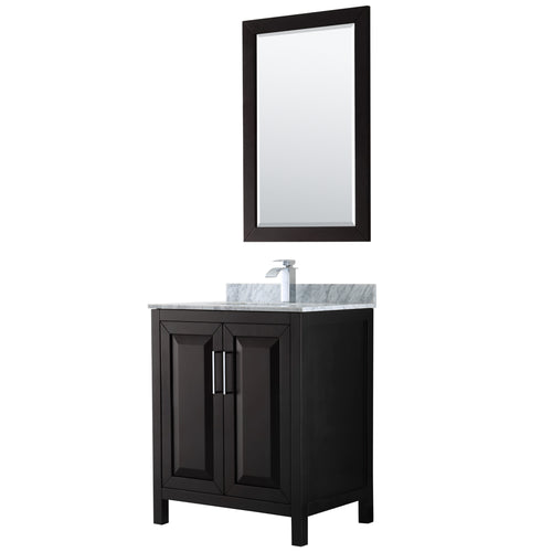 Wyndham Daria 30 Inch Single Bathroom Vanity in Dark Espresso, White Carrara Marble Countertop, Undermount Square Sink, and 24 Inch Mirror- Wyndham